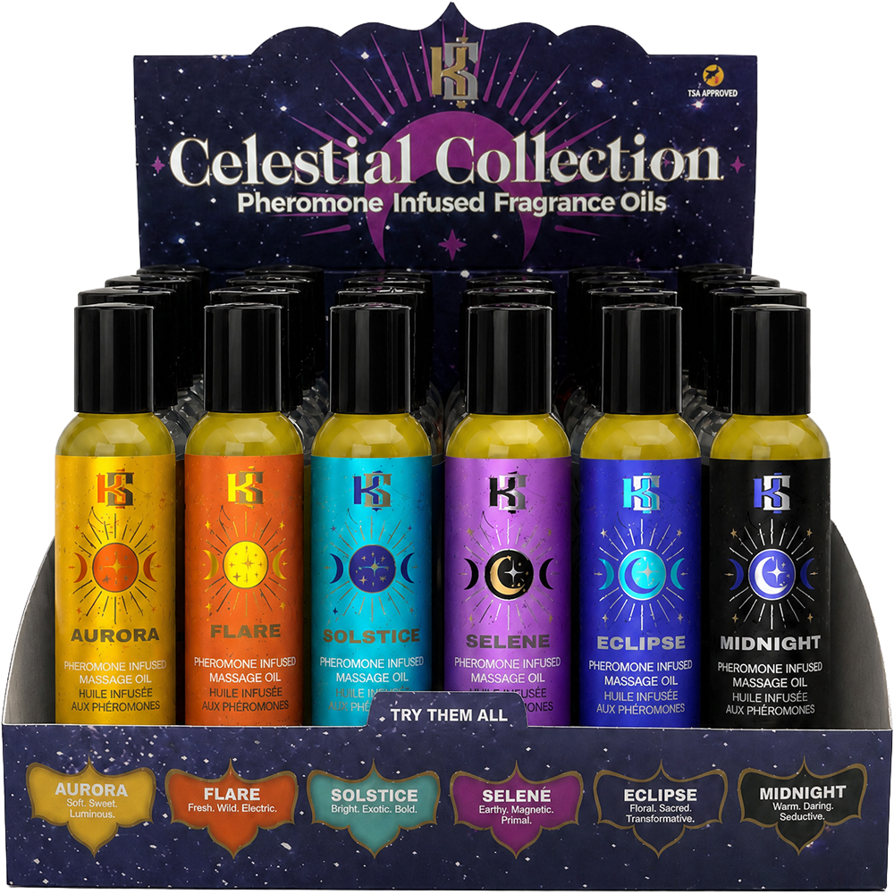 Celestial 2 Oz Massage Oil Pheromone Prepack Display (24 Assorted Massage Oils)