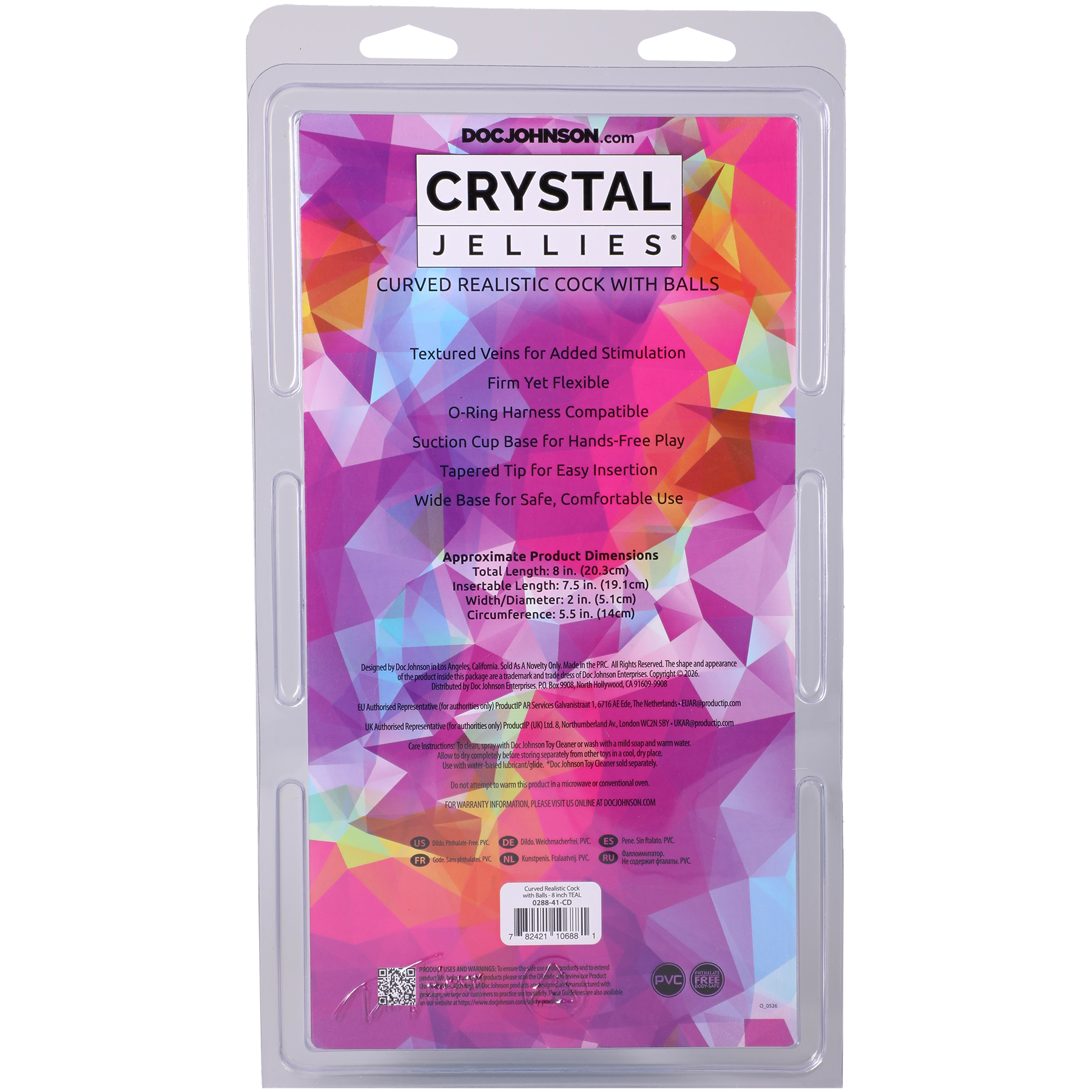 Crystal Jellies - Curved Realistic Cock With Balls - 8 Inch Teal