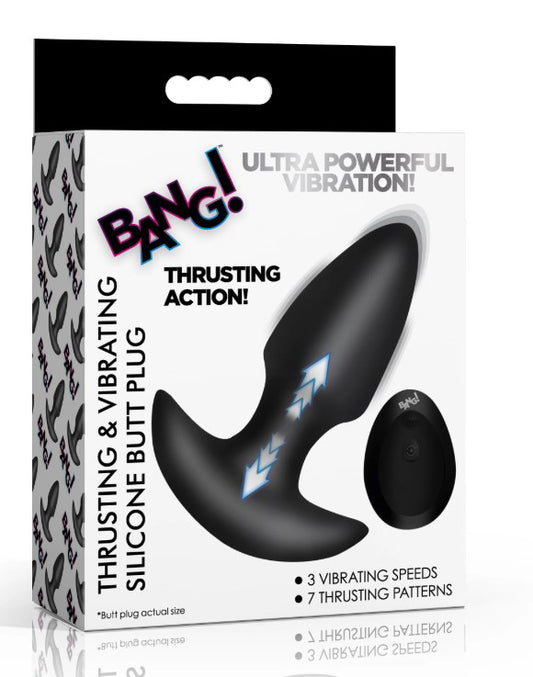 Thrusting and Vibrating Silicone Butt Plug Black