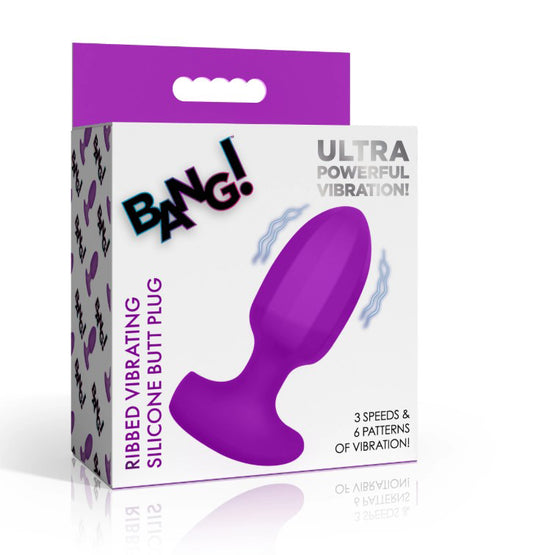 Ribbed Vibrating Silicone Butt Plug - Purple